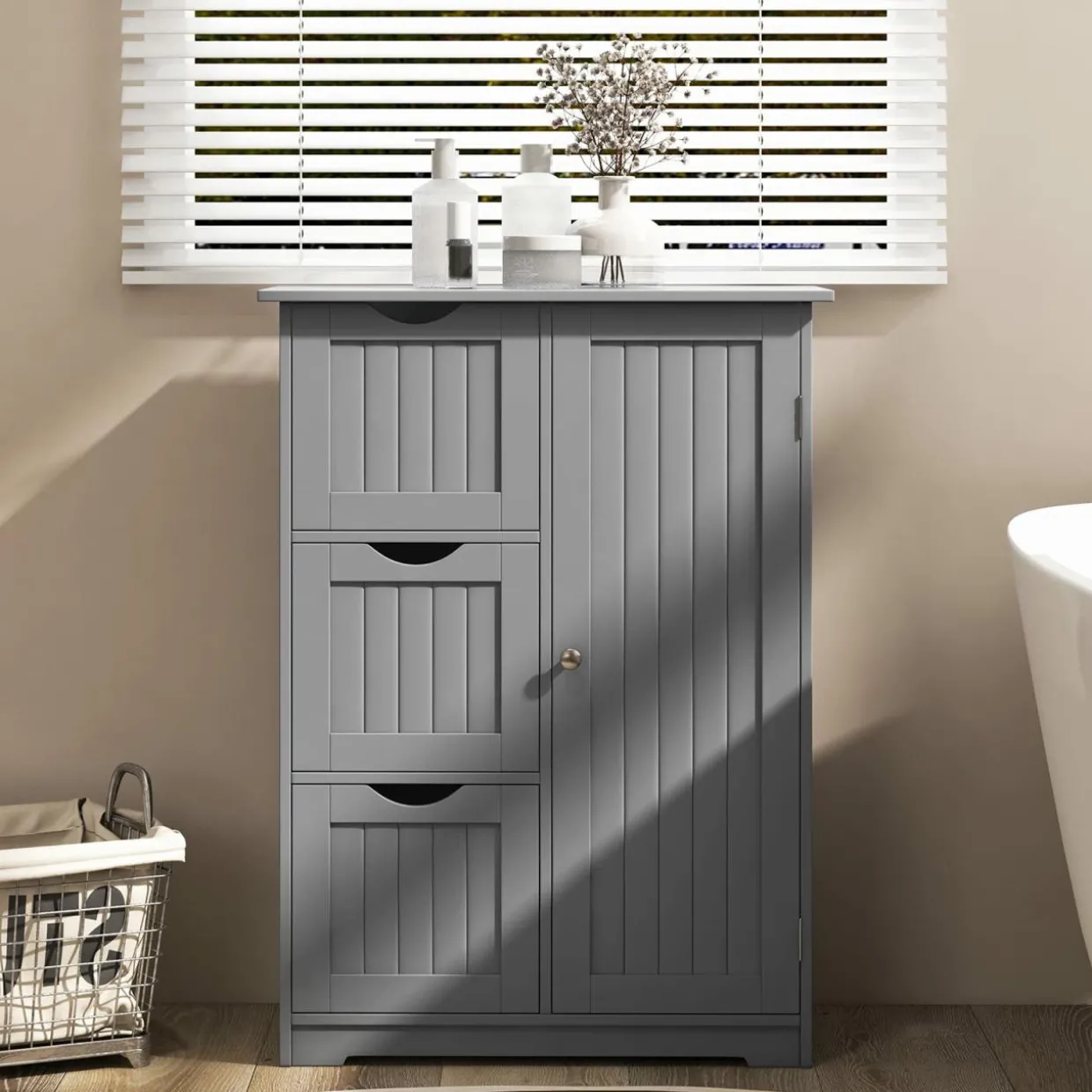 Tangkula Bathroom Floor Cabinet, Freestanding Side Storage Cabinet w/ 3 Drawers & 1 Cupboard
