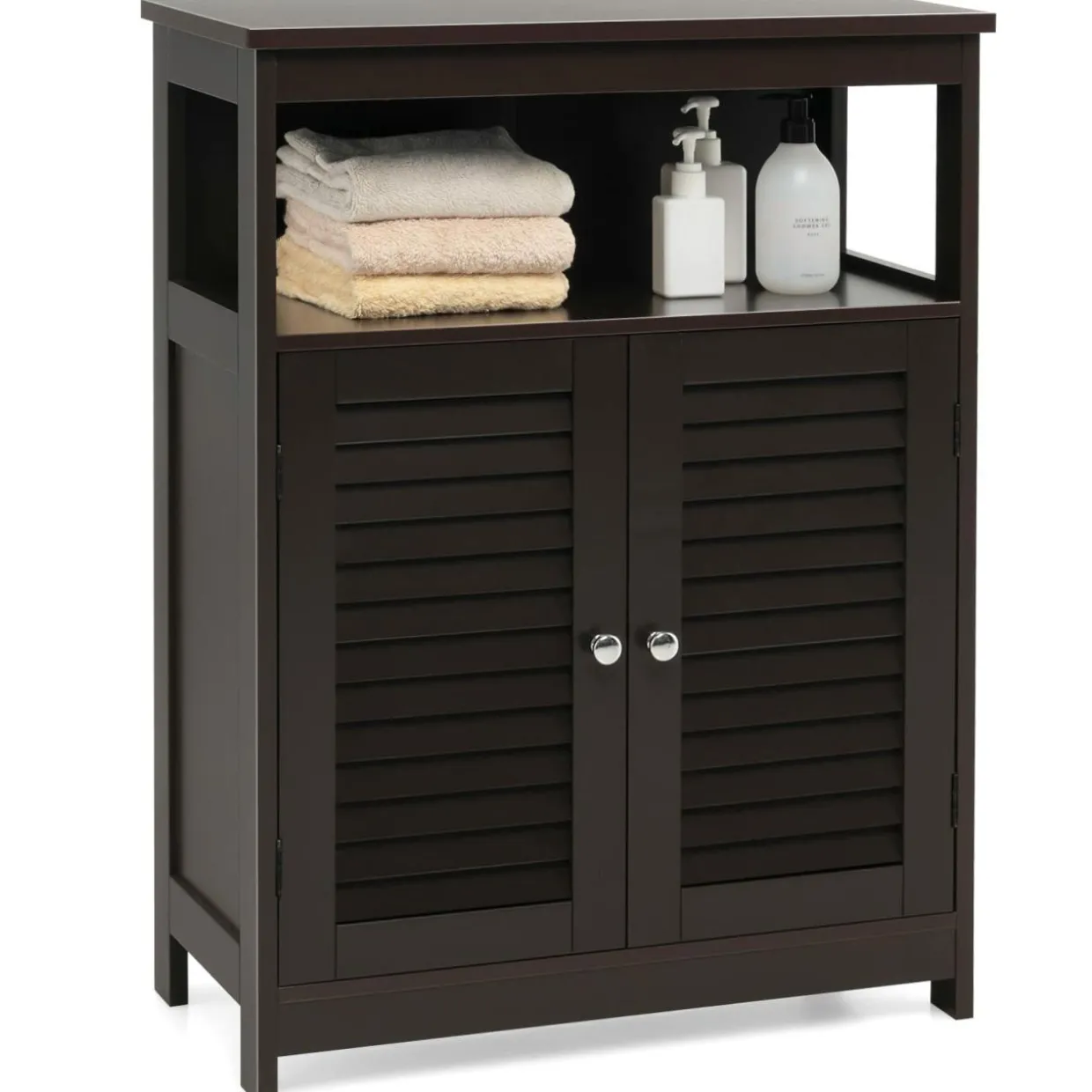 Tangkula Bathroom Floor Cabinet, Wooden Freestanding Storage Cabinet with Double Shutter Door & Adjustable Shelf
