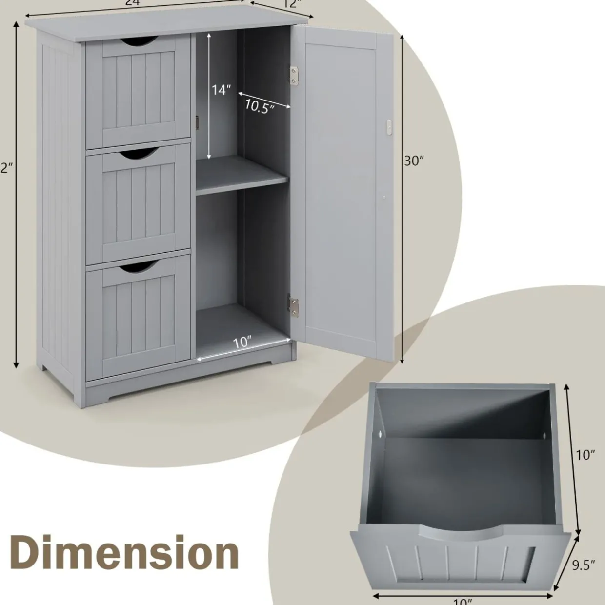 Tangkula Bathroom Floor Cabinet, Freestanding Side Storage Cabinet w/ 3 Drawers & 1 Cupboard