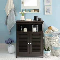 Tangkula Bathroom Floor Cabinet, Wooden Freestanding Storage Cabinet with Double Shutter Door & Adjustable Shelf