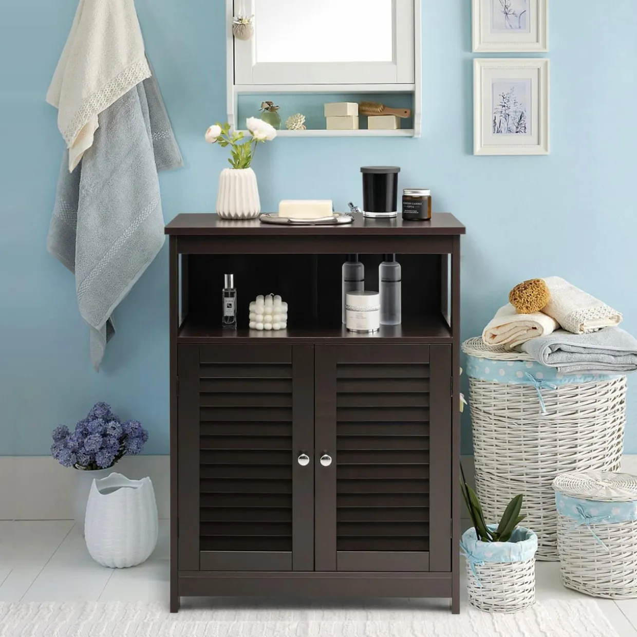 Tangkula Bathroom Floor Cabinet, Wooden Freestanding Storage Cabinet with Double Shutter Door & Adjustable Shelf