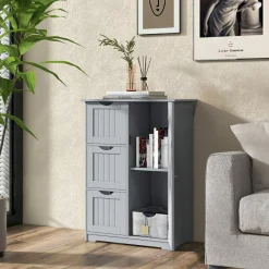Tangkula Bathroom Floor Cabinet, Freestanding Side Storage Cabinet w/ 3 Drawers & 1 Cupboard