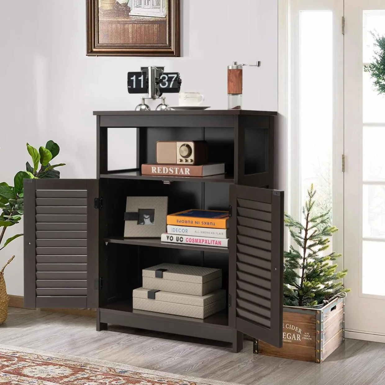 Tangkula Bathroom Floor Cabinet, Wooden Freestanding Storage Cabinet with Double Shutter Door & Adjustable Shelf