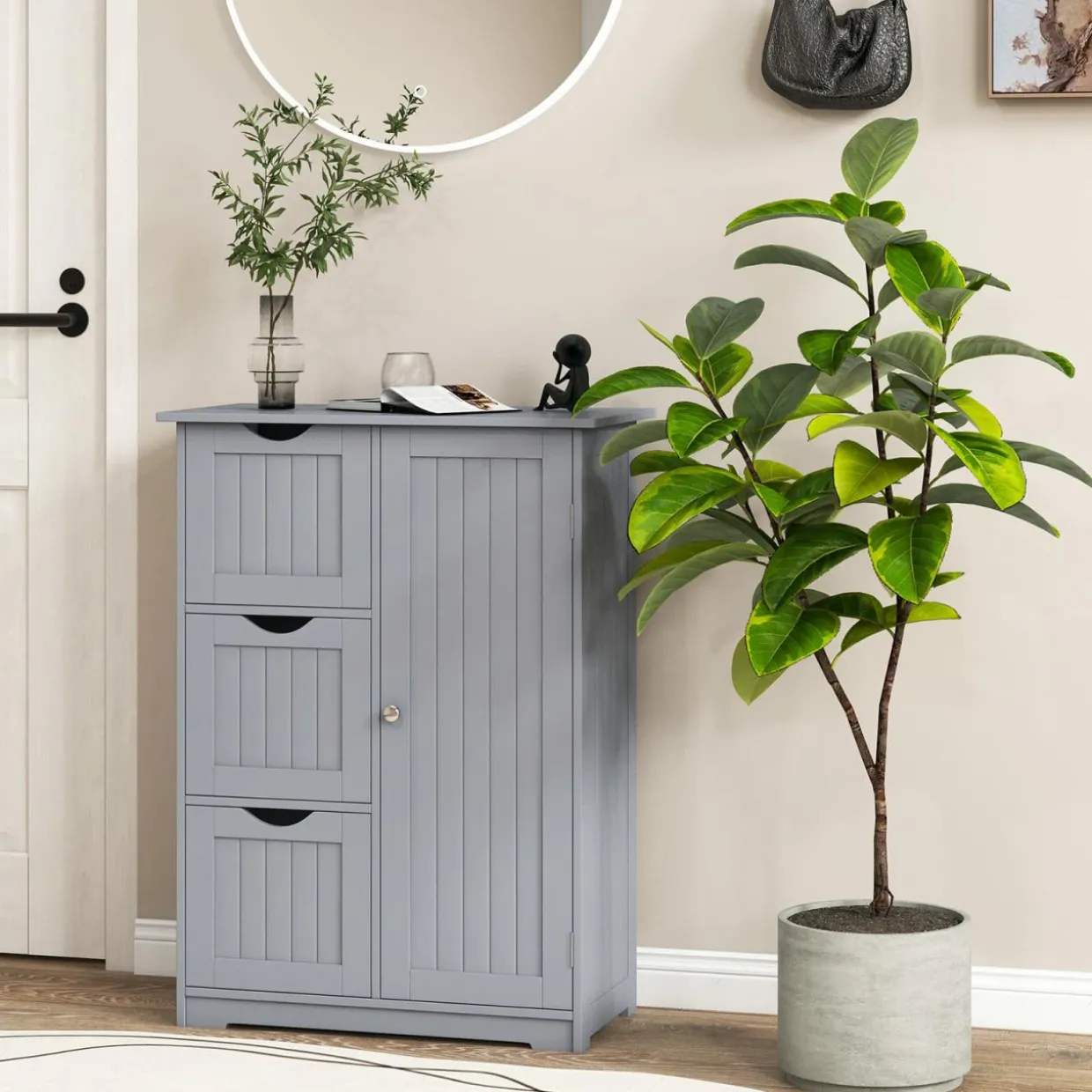 Tangkula Bathroom Floor Cabinet, Freestanding Side Storage Cabinet w/ 3 Drawers & 1 Cupboard