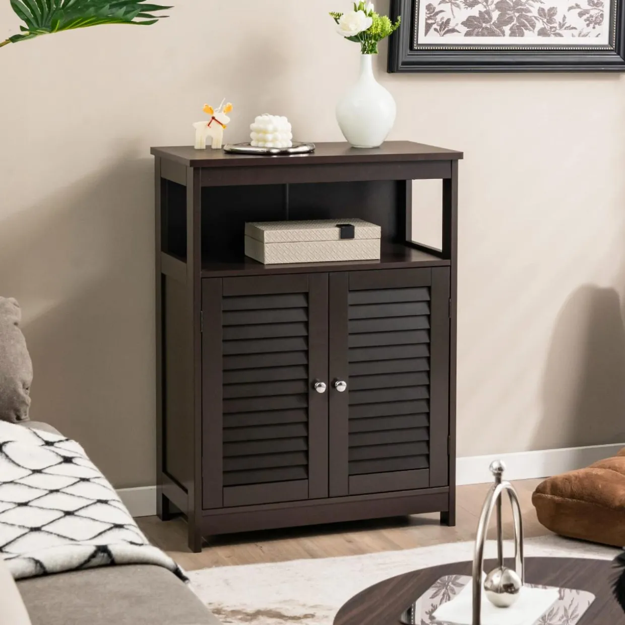 Tangkula Bathroom Floor Cabinet, Wooden Freestanding Storage Cabinet with Double Shutter Door & Adjustable Shelf