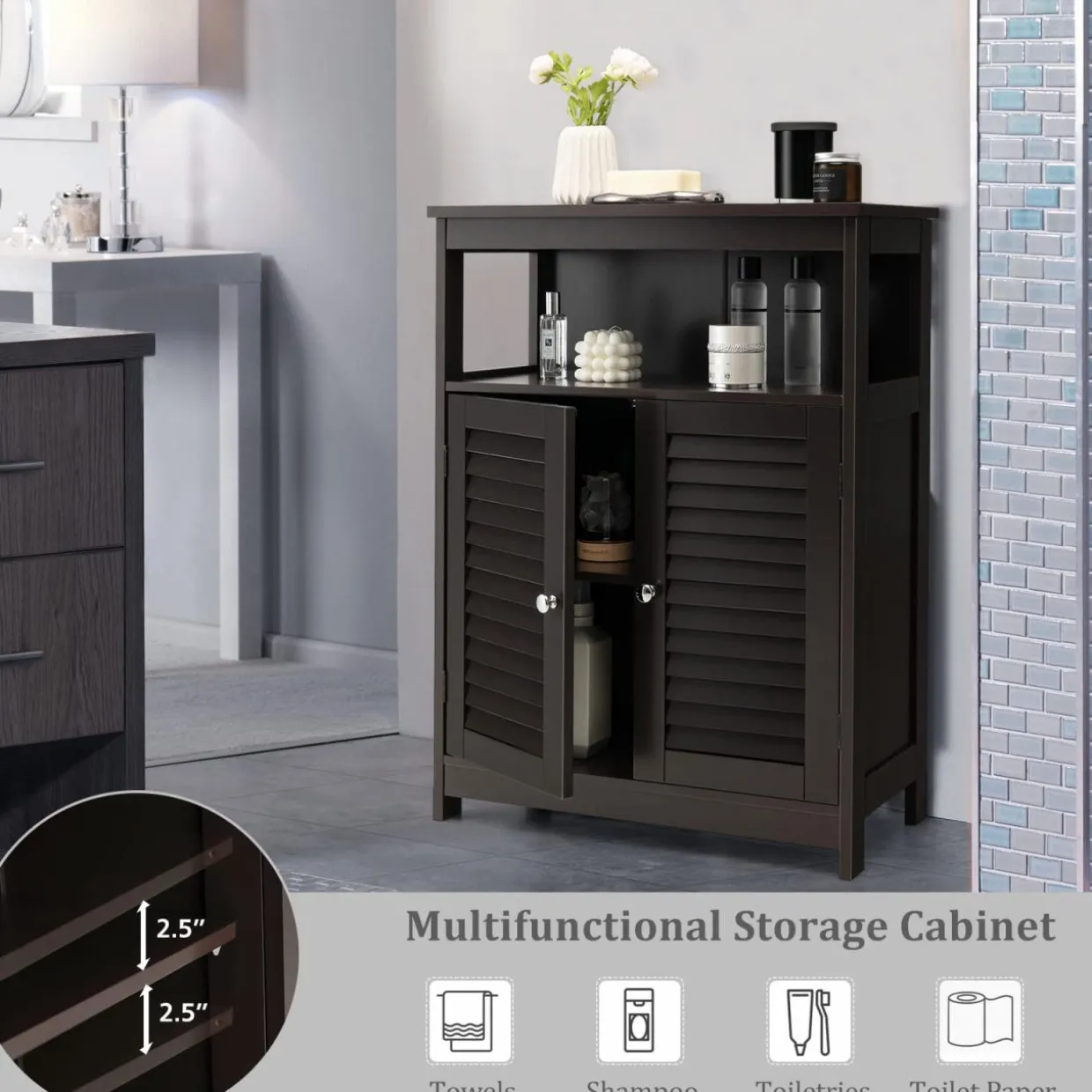Tangkula Bathroom Floor Cabinet, Wooden Freestanding Storage Cabinet with Double Shutter Door & Adjustable Shelf
