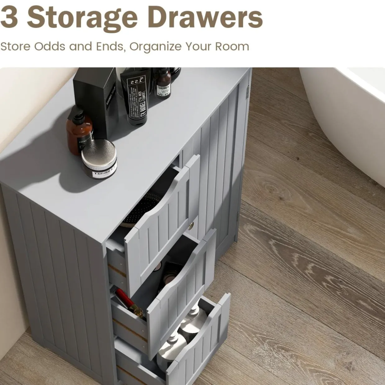 Tangkula Bathroom Floor Cabinet, Freestanding Side Storage Cabinet w/ 3 Drawers & 1 Cupboard
