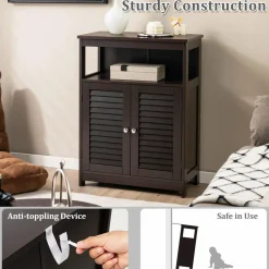 Tangkula Bathroom Floor Cabinet, Wooden Freestanding Storage Cabinet with Double Shutter Door & Adjustable Shelf
