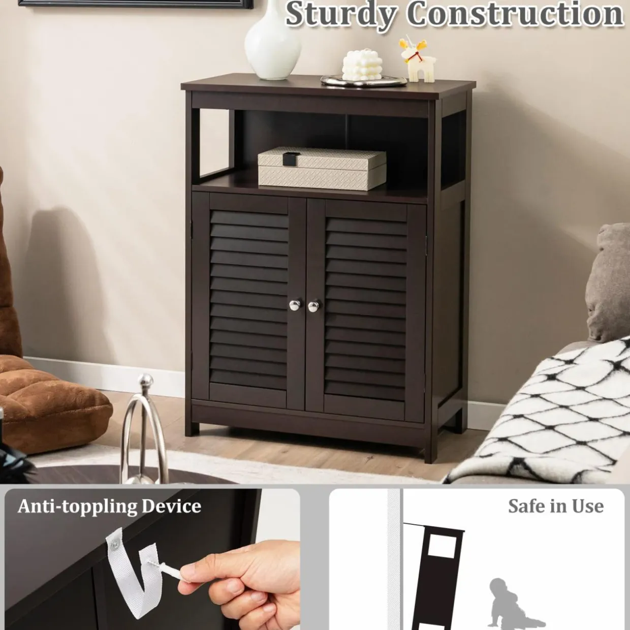 Tangkula Bathroom Floor Cabinet, Wooden Freestanding Storage Cabinet with Double Shutter Door & Adjustable Shelf