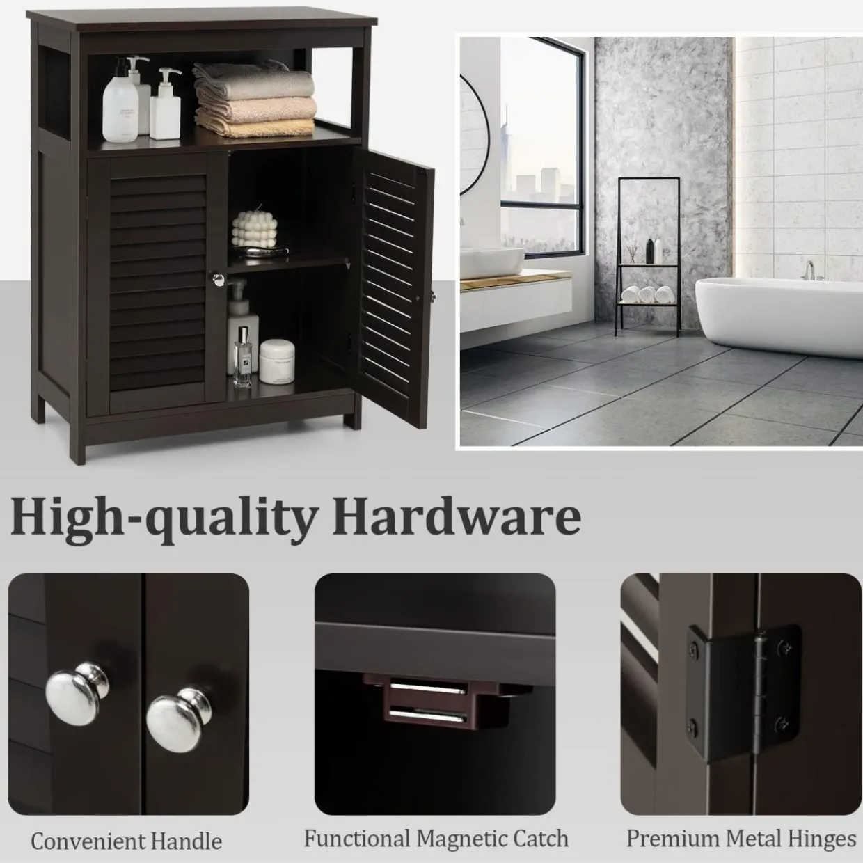 Tangkula Bathroom Floor Cabinet, Wooden Freestanding Storage Cabinet with Double Shutter Door & Adjustable Shelf