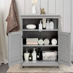 Tangkula Bathroom Floor Cabinet, Wooden Freestanding Storage Cabinet with Double Shutter Door & Adjustable Shelf