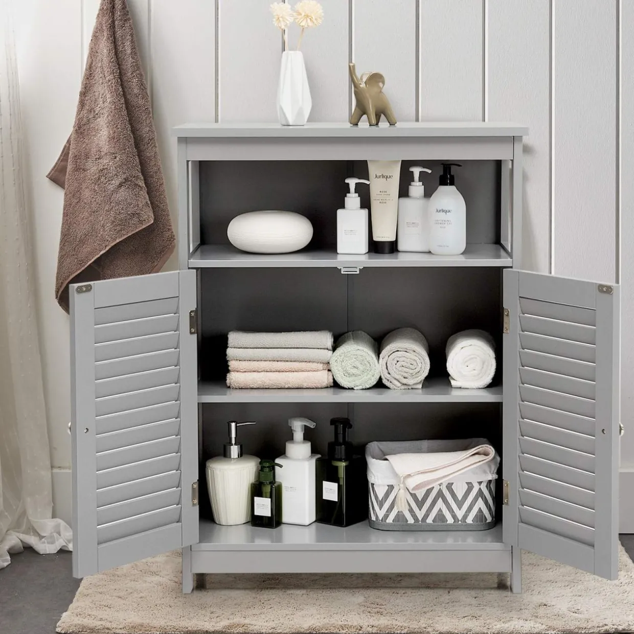 Tangkula Bathroom Floor Cabinet, Wooden Freestanding Storage Cabinet with Double Shutter Door & Adjustable Shelf