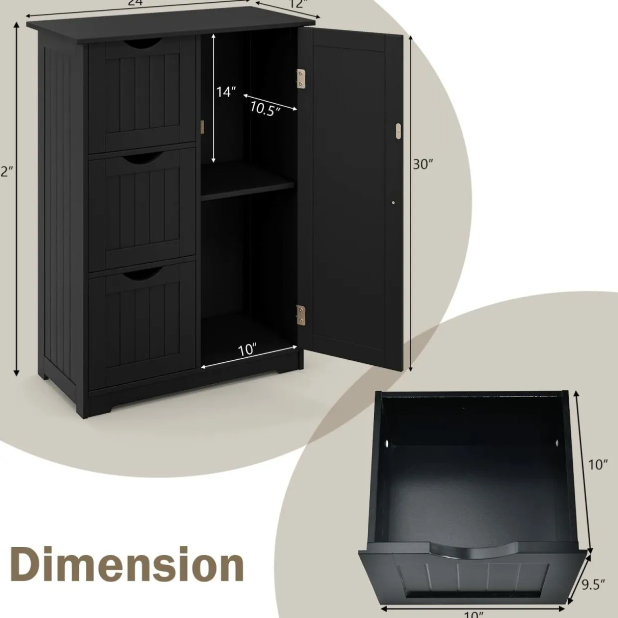 Tangkula Bathroom Floor Cabinet, Freestanding Side Storage Cabinet w/ 3 Drawers & 1 Cupboard