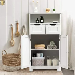 Tangkula Bathroom Floor Cabinet, Storage Cabinet w/One Open Shelf Two Doors and Two Adjustable Drawers, Standing Cupboard for Kitchen