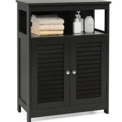 Tangkula Bathroom Floor Cabinet, Wooden Freestanding Storage Cabinet with Double Shutter Door & Adjustable Shelf