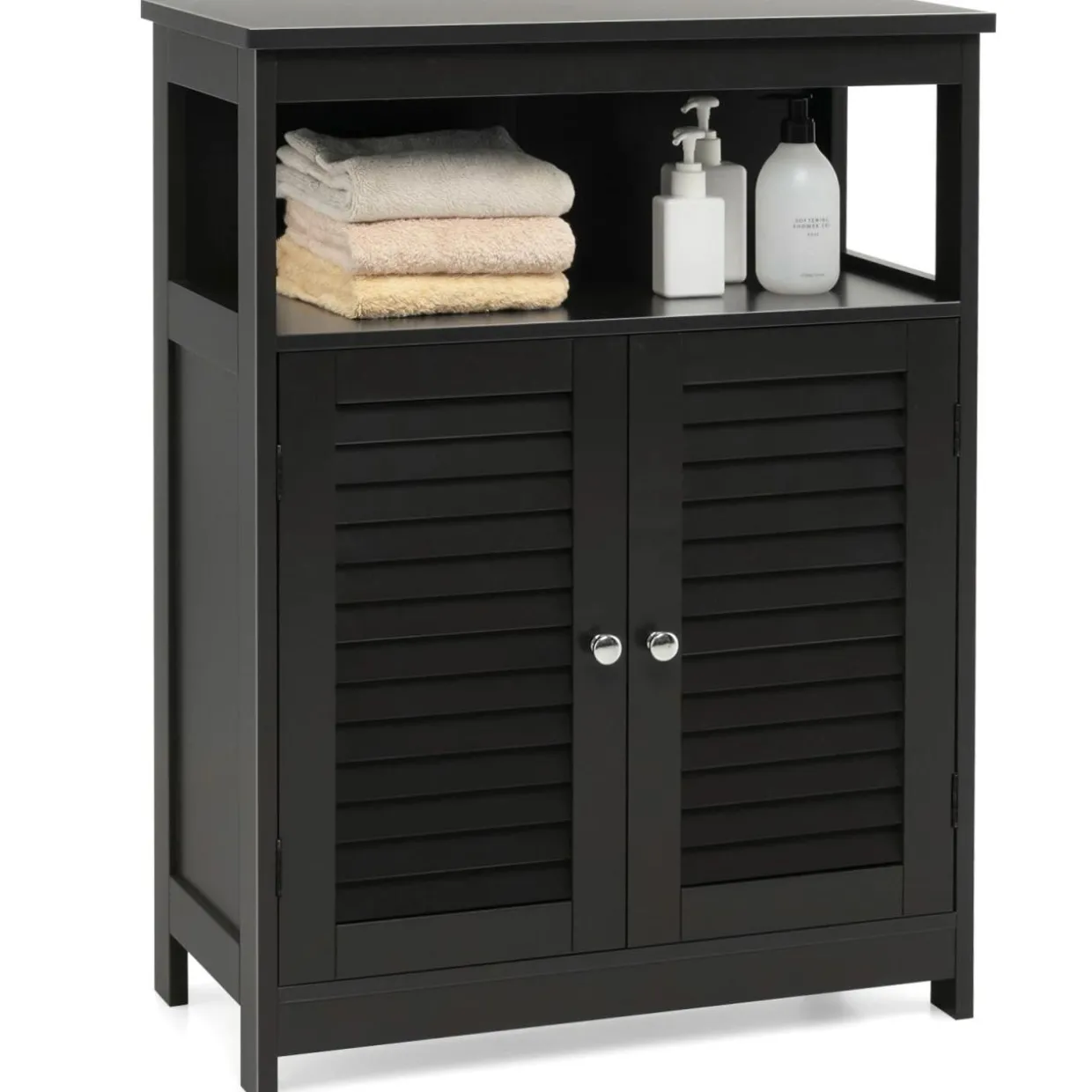 Tangkula Bathroom Floor Cabinet, Wooden Freestanding Storage Cabinet with Double Shutter Door & Adjustable Shelf
