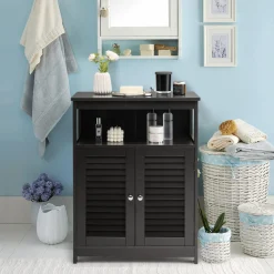 Tangkula Bathroom Floor Cabinet, Wooden Freestanding Storage Cabinet with Double Shutter Door & Adjustable Shelf