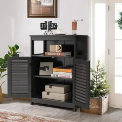 Tangkula Bathroom Floor Cabinet, Wooden Freestanding Storage Cabinet with Double Shutter Door & Adjustable Shelf
