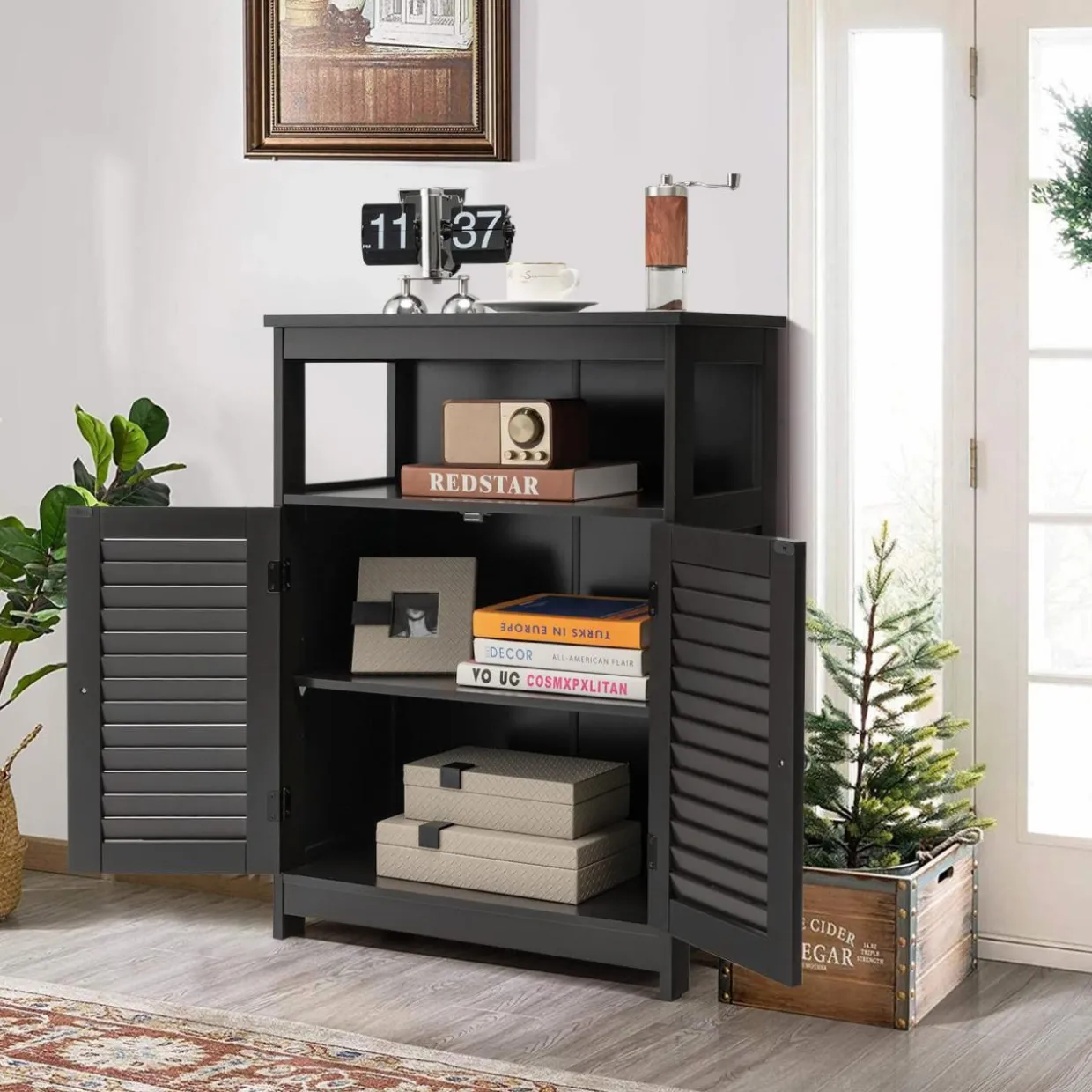 Tangkula Bathroom Floor Cabinet, Wooden Freestanding Storage Cabinet with Double Shutter Door & Adjustable Shelf