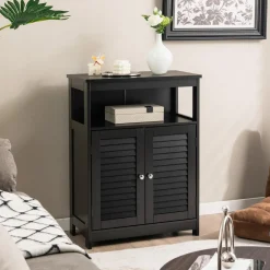 Tangkula Bathroom Floor Cabinet, Wooden Freestanding Storage Cabinet with Double Shutter Door & Adjustable Shelf