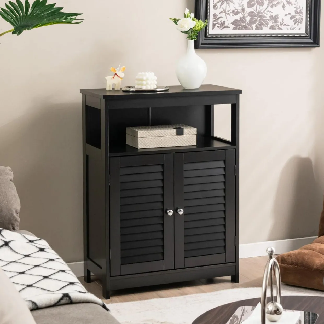 Tangkula Bathroom Floor Cabinet, Wooden Freestanding Storage Cabinet with Double Shutter Door & Adjustable Shelf