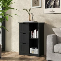 Tangkula Bathroom Floor Cabinet, Freestanding Side Storage Cabinet w/ 3 Drawers & 1 Cupboard