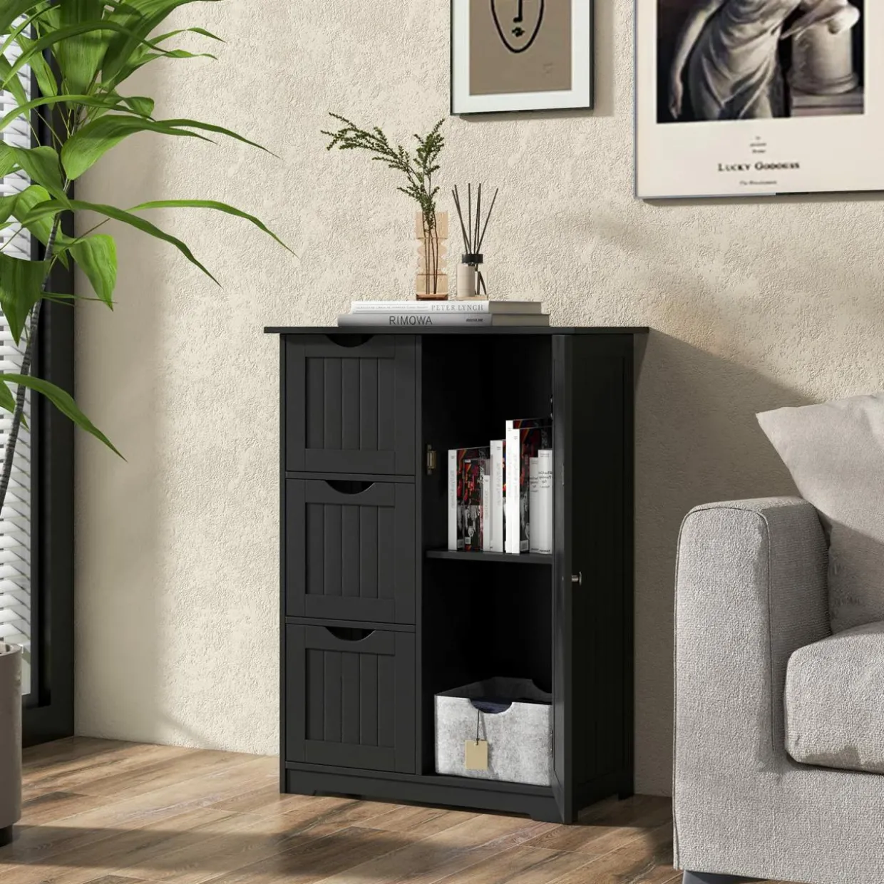 Tangkula Bathroom Floor Cabinet, Freestanding Side Storage Cabinet w/ 3 Drawers & 1 Cupboard