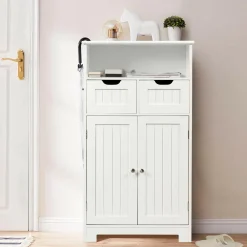 Tangkula Bathroom Floor Cabinet, Storage Cabinet w/One Open Shelf Two Doors and Two Adjustable Drawers, Standing Cupboard for Kitchen