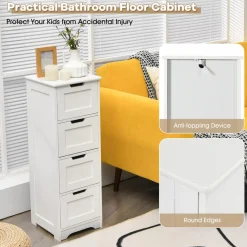Tangkula Bathroom Floor Cabinet with 4 Drawers, 12 x 12 x 33 Inch
