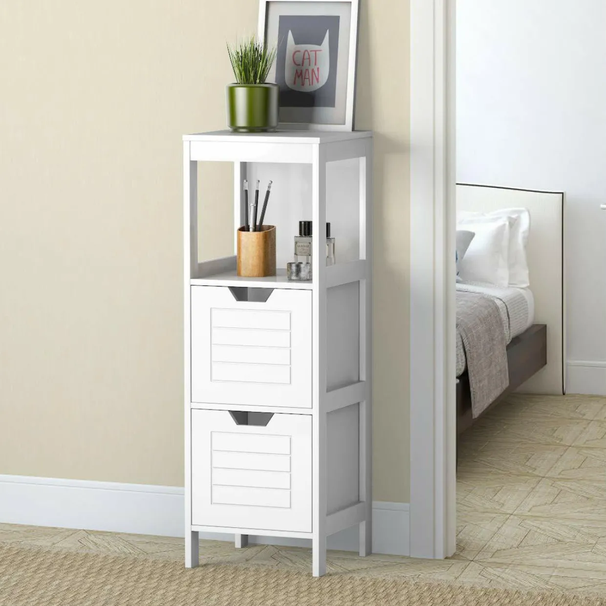 Tangkula Bathroom Floor Cabinet, Multifunctional Wooden Storage Cabinet with 2 Adjustable Drawers