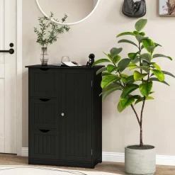Tangkula Bathroom Floor Cabinet, Freestanding Side Storage Cabinet w/ 3 Drawers & 1 Cupboard