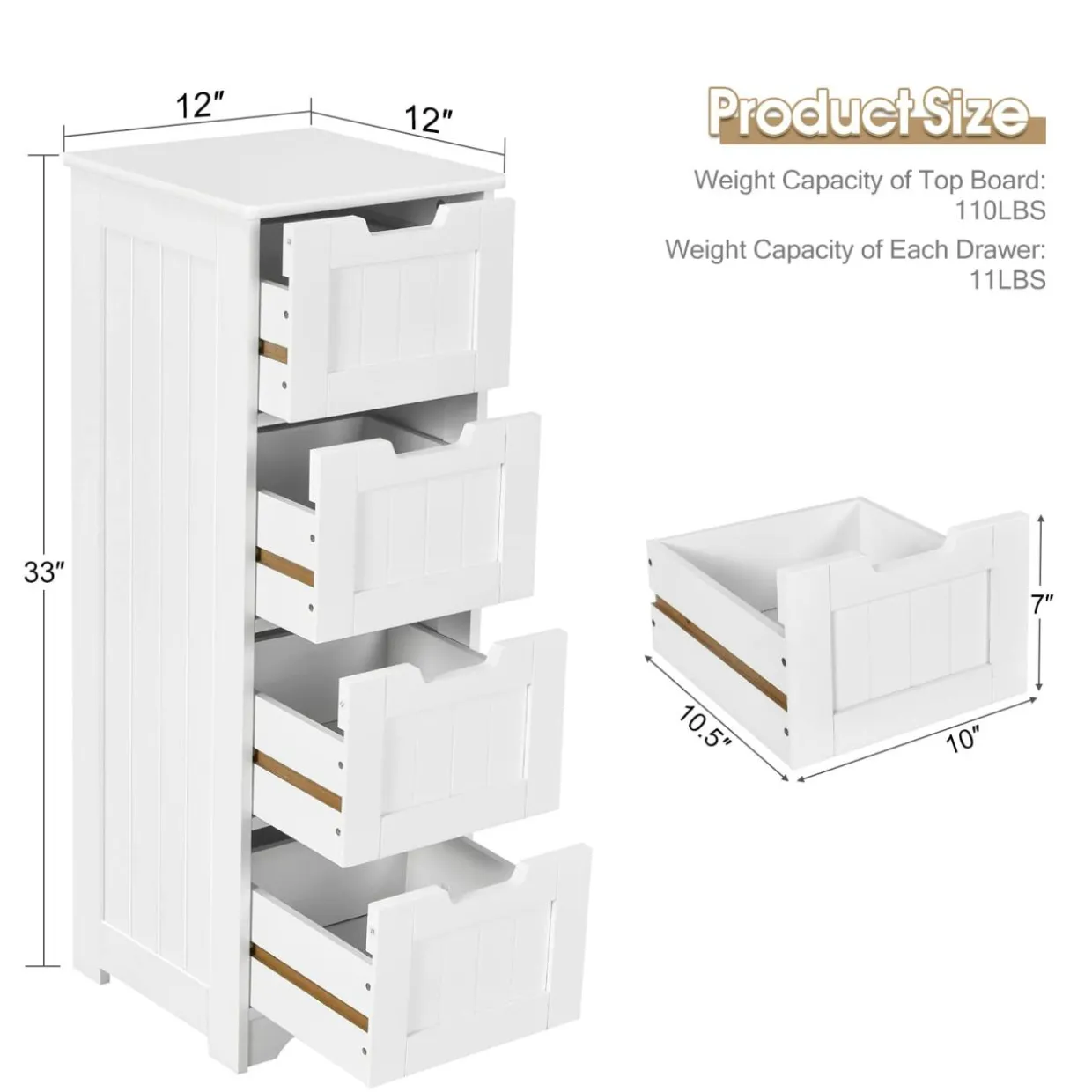 Tangkula Bathroom Floor Cabinet with 4 Drawers, 12 x 12 x 33 Inch