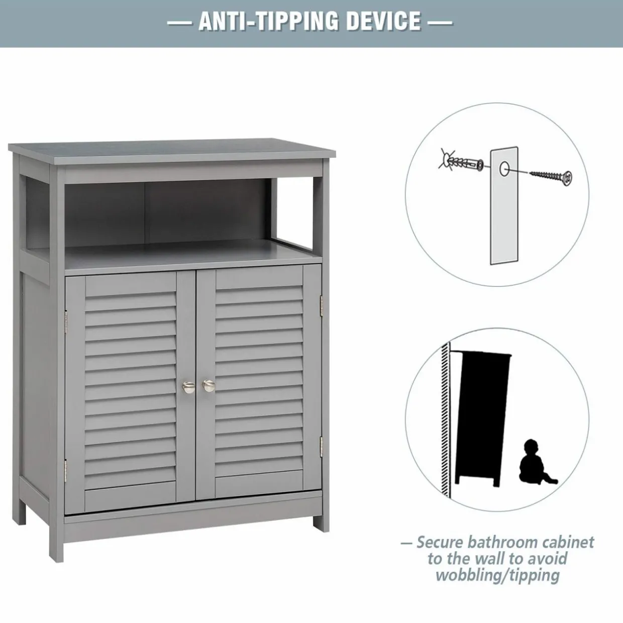 Tangkula Bathroom Floor Cabinet, Wooden Freestanding Storage Cabinet with Double Shutter Door & Adjustable Shelf