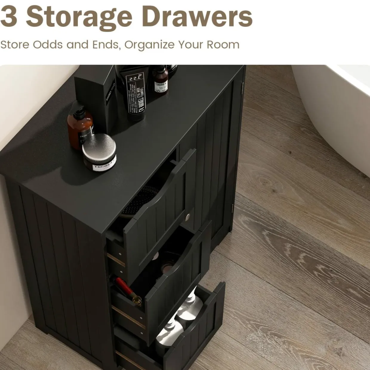 Tangkula Bathroom Floor Cabinet, Freestanding Side Storage Cabinet w/ 3 Drawers & 1 Cupboard