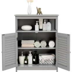 Tangkula Bathroom Floor Cabinet, Wooden Freestanding Storage Cabinet with Double Shutter Door & Adjustable Shelf