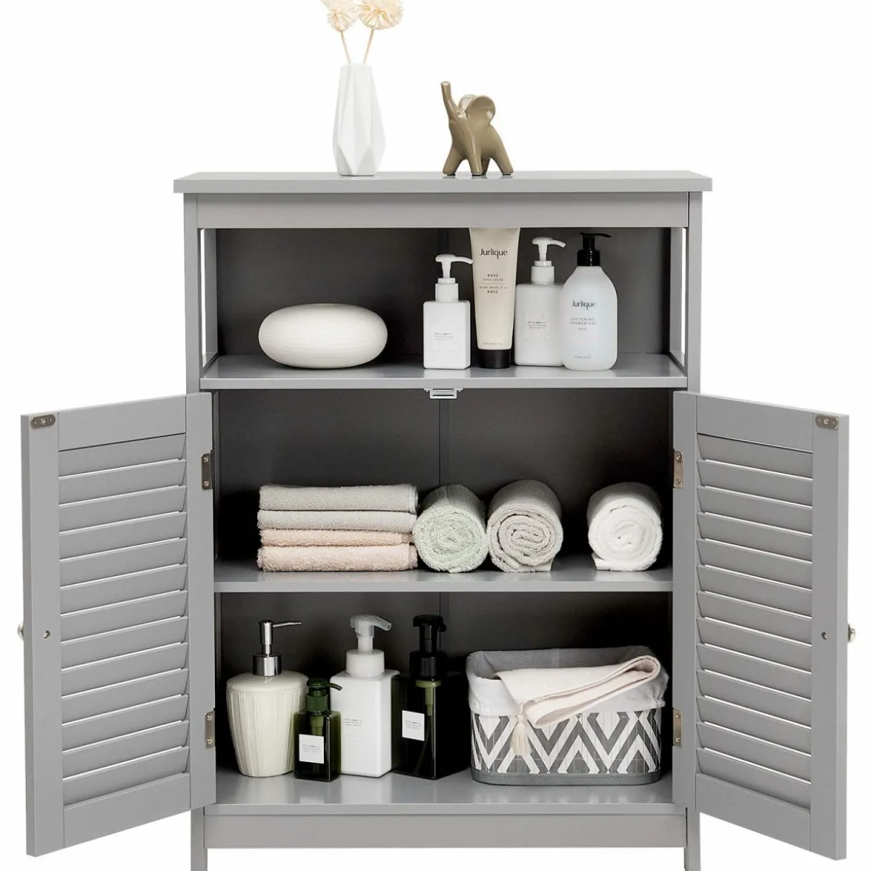 Tangkula Bathroom Floor Cabinet, Wooden Freestanding Storage Cabinet with Double Shutter Door & Adjustable Shelf