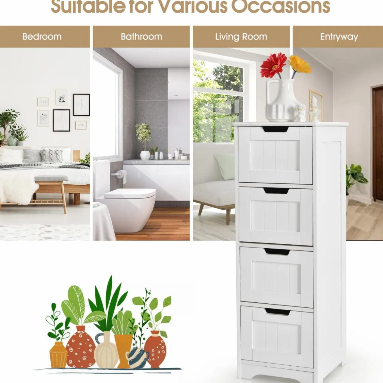 Tangkula Bathroom Floor Cabinet with 4 Drawers, 12 x 12 x 33 Inch