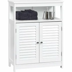 Tangkula Bathroom Floor Cabinet, Wooden Freestanding Storage Cabinet with Double Shutter Door & Adjustable Shelf