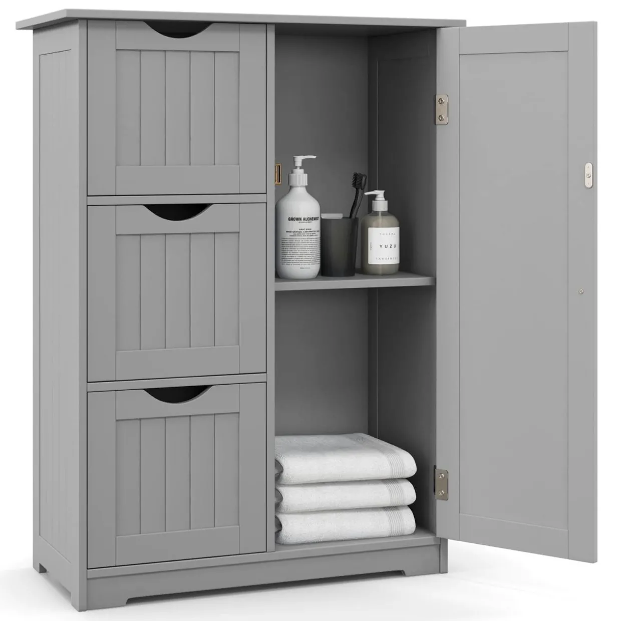 Tangkula Bathroom Floor Cabinet, Freestanding Side Storage Cabinet w/ 3 Drawers & 1 Cupboard