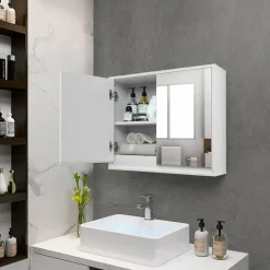 Tangkula Bathroom Medicine Cabinet, 2-Tier Wall-Mounted Storage Cabinet with Double Mirror Doors