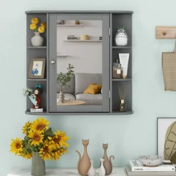 Tangkula Bathroom Medicine Cabinet with Mirror with Mirror, Wall Mounted Bathroom Storage Cabinet