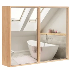 Tangkula Bathroom Medicine Cabinet, Wall Mounted Bamboo Bathroom Cabinet with Single Mirror Door