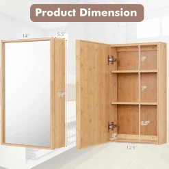 Tangkula Bathroom Medicine Cabinet, Wall Mounted Bamboo Bathroom Cabinet with Single Mirror Door