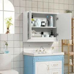 Tangkula Bathroom Medicine Cabinet, 2-Tier Wall-Mounted Storage Cabinet with Double Mirror Doors