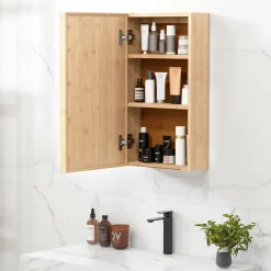 Tangkula Bathroom Medicine Cabinet, Wall Mounted Bamboo Bathroom Cabinet with Single Mirror Door