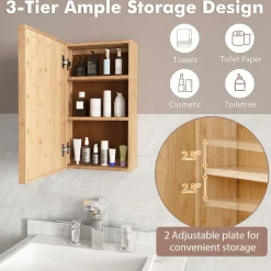 Tangkula Bathroom Medicine Cabinet, Wall Mounted Bamboo Bathroom Cabinet with Single Mirror Door