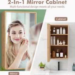 Tangkula Bathroom Medicine Cabinet, Wall Mounted Bamboo Bathroom Cabinet with Single Mirror Door