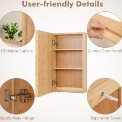 Tangkula Bathroom Medicine Cabinet, Wall Mounted Bamboo Bathroom Cabinet with Single Mirror Door