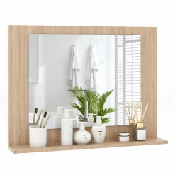 Tangkula Bathroom Mirror with Shelf, 23.5" x 17.5" Rectangle Wood Frame Bathroom Vanity Mirror for over Sink