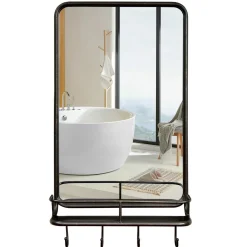 Tangkula Bathroom Mirror w/ Shelf & 4 Hooks, 33" x 19" Rectangle Vanity Mirror